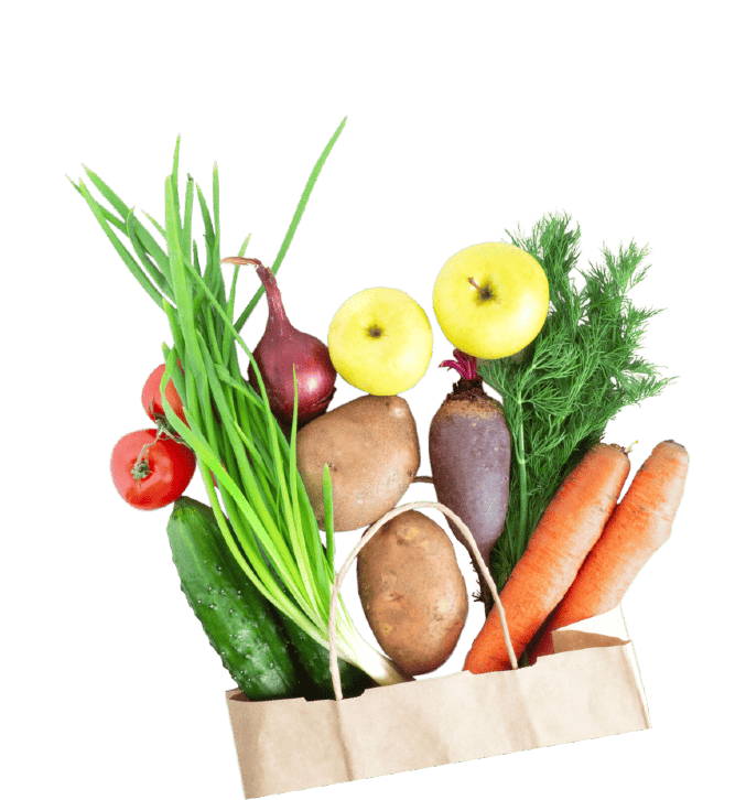 Images of fruits and vegetables in a grocery bag