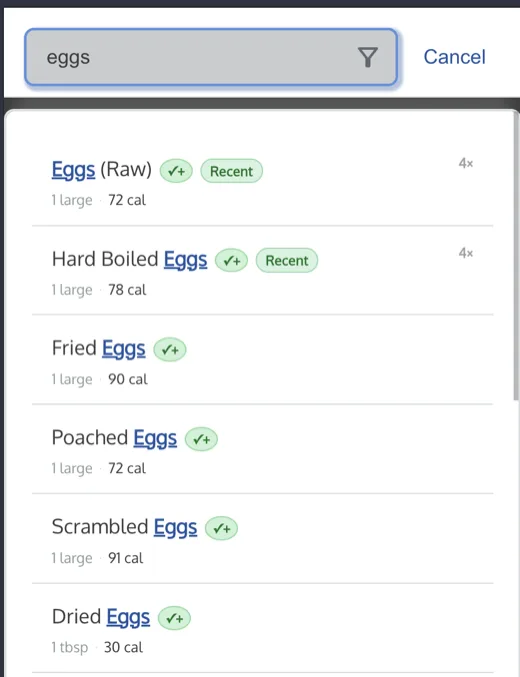 Search results showing Checkmark and Checkmark+ badges next to foods